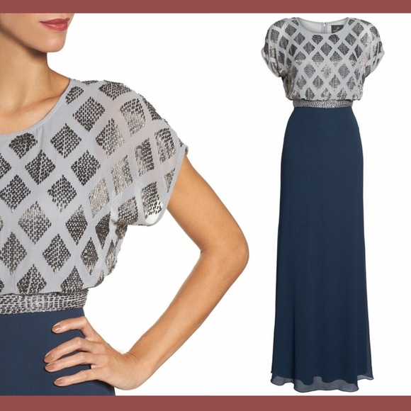 NWT‎ Adrianna Papell Beaded Colorblock Blouson Gown in Silver/Navy [SZ 2 ] - Picture 3 of 12